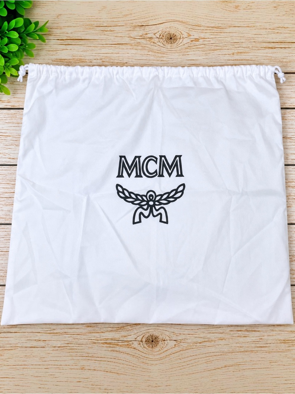 MCM 17” x 17” Black Logo White Drawstring Dust Bag